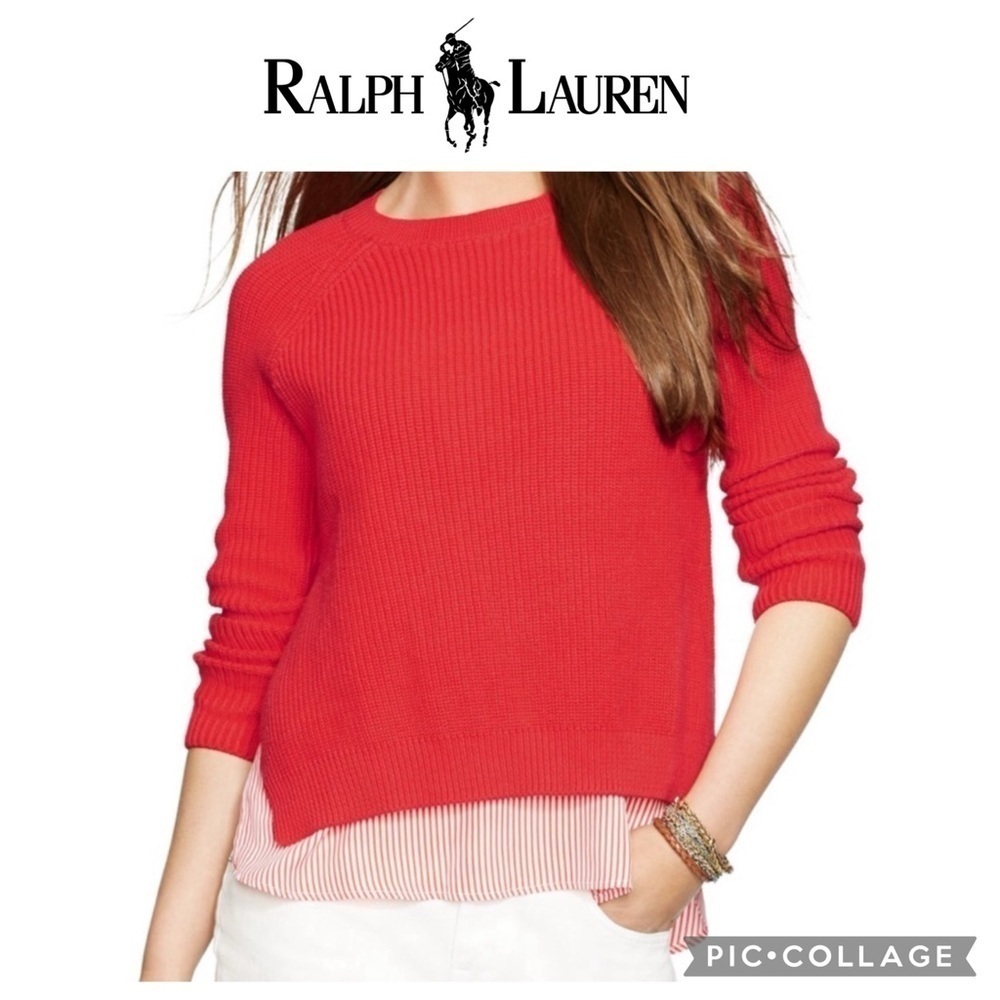 Lauren Ralph Lauren cable knit sweater shirt tail coral red size L